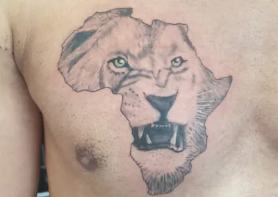 Tatouage de lion dans la silhouette du continent africain sur le pectoral